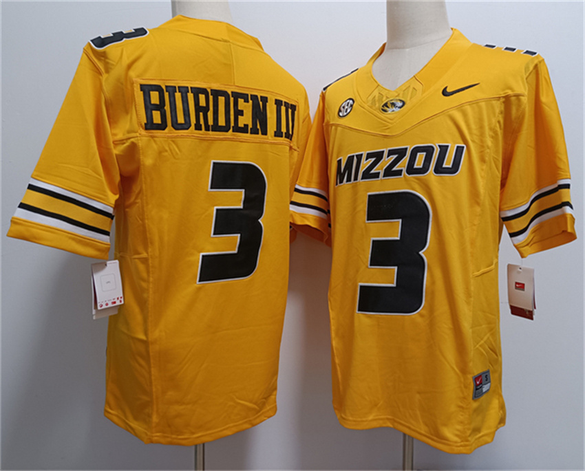 Men's Yellow Missouri Tigers #3 Luther Burden III 2023 F.U.S.E. Rose Bowl Patch Stitched Jersey